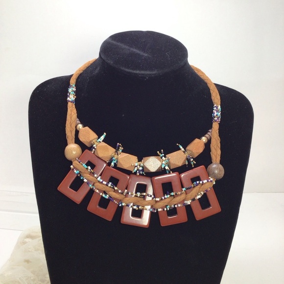 Est 1946 Potting Soil Brown Boho Wood Bead Choker Statement Necklace #C2 - Picture 2 of 7